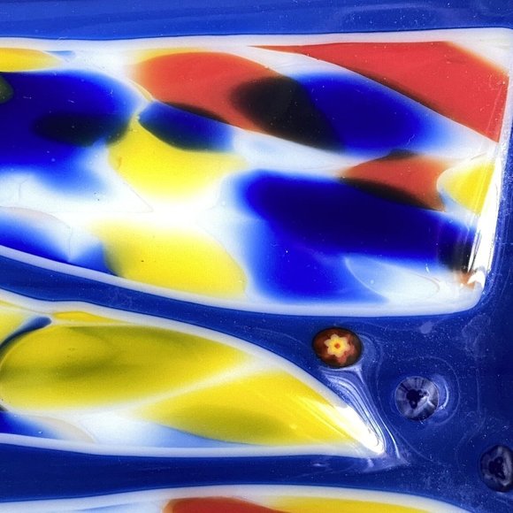 Handmade Fused Art Glass Trinket Tray Ring Dish Catch All Red Yellow Blue 6x6 - Picture 6 of 12